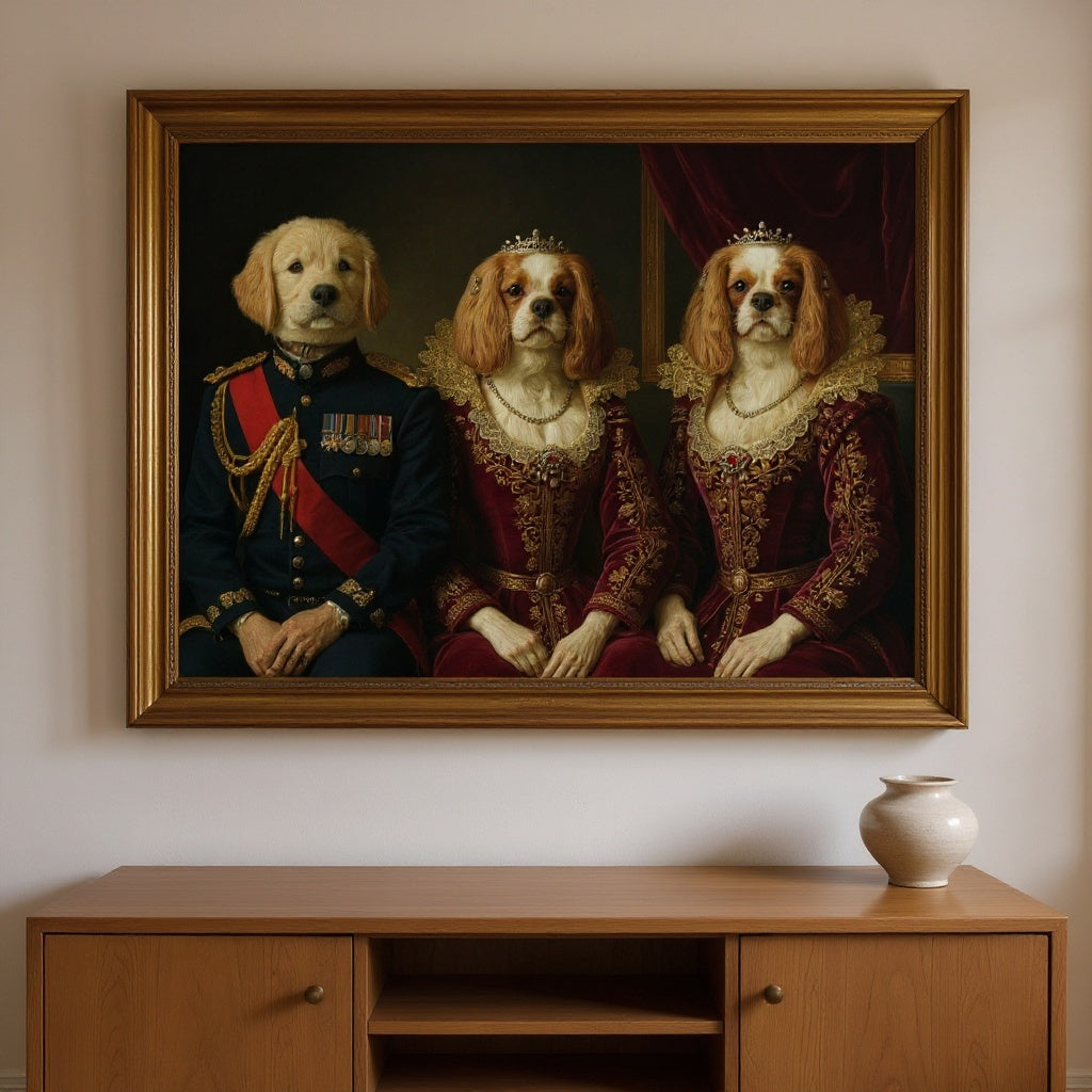 La Toile 3 Animaux — trois chiens en tenue royale sur une même toile, dans un salon