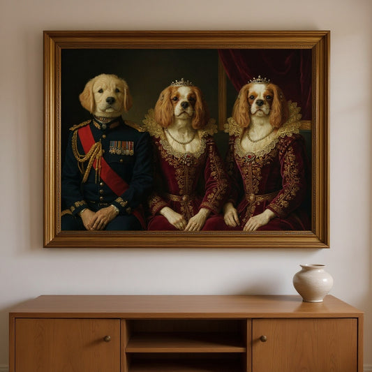 La Toile 3 Animaux — trois chiens en tenue royale sur une même toile, dans un salon