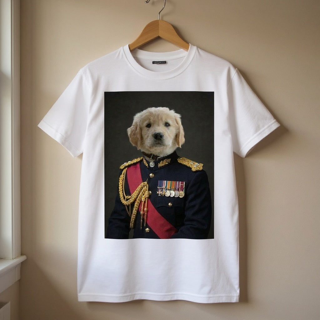 T-shirt blanc sur cintre avec portrait de chien — photo réaliste