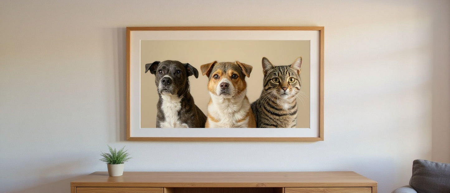Toile portrait 3 animaux — deux chiens et un chat, cadre chêne dans un salon