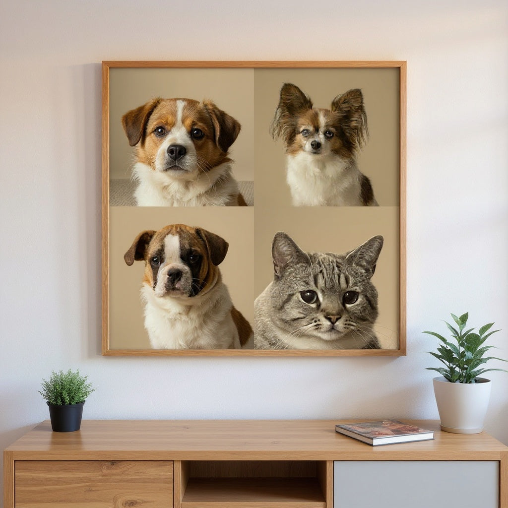 Toile portrait 4 animaux — trois chiens et un chat, cadre chêne dans un salon