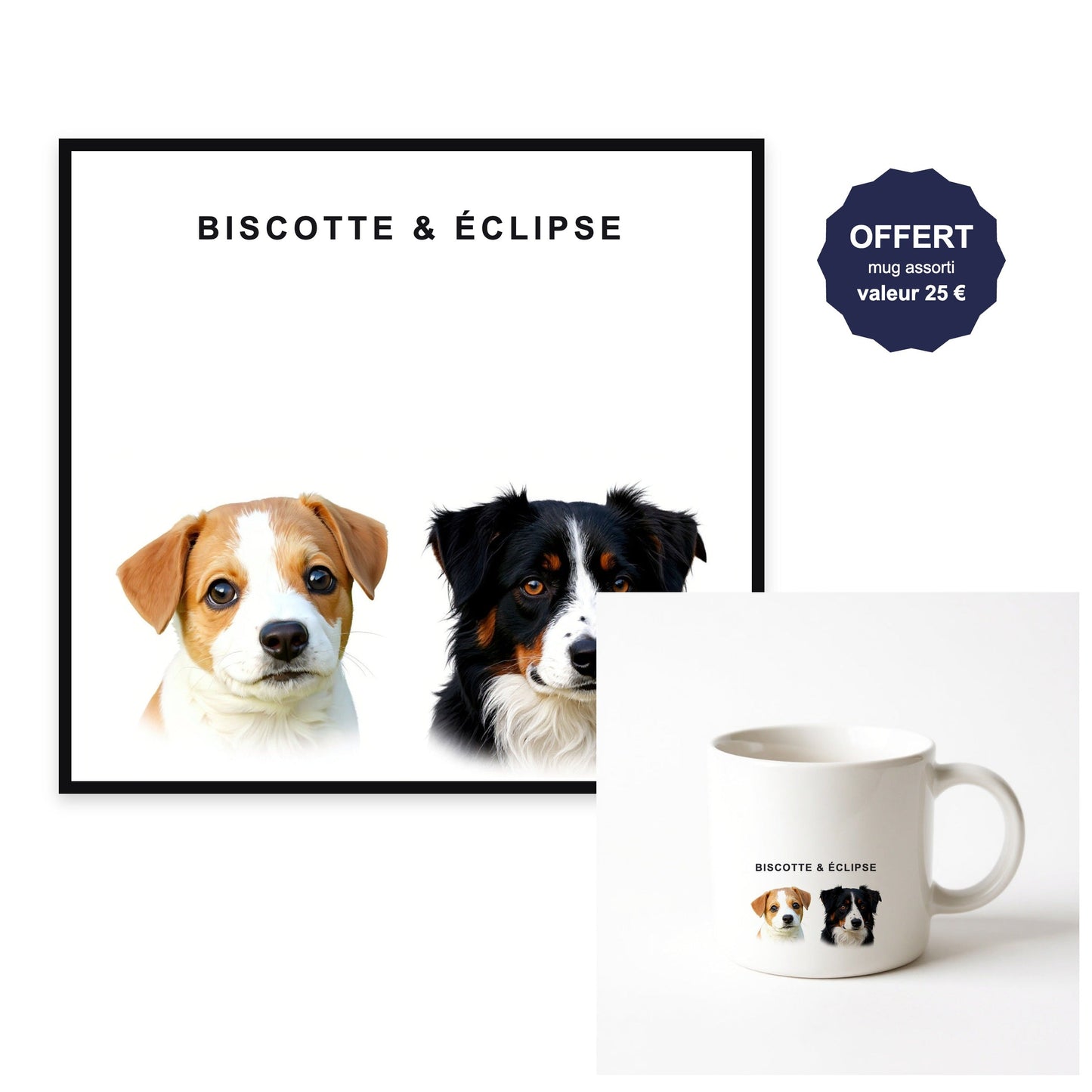 Toile portrait 2 animaux — cadre noir, prénoms, mug assorti offert
