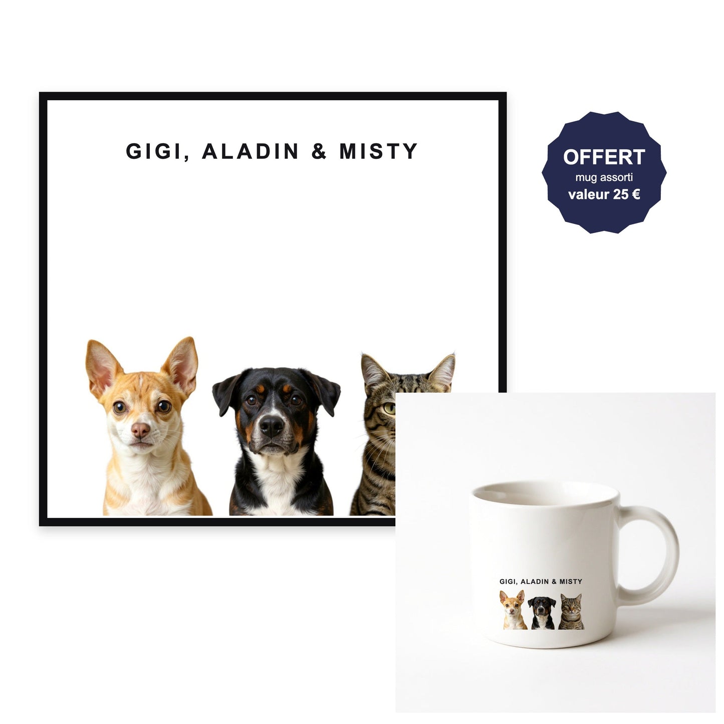 Toile portrait 3 animaux — 2 chiens et 1 chat, cadre noir, mug assorti offert