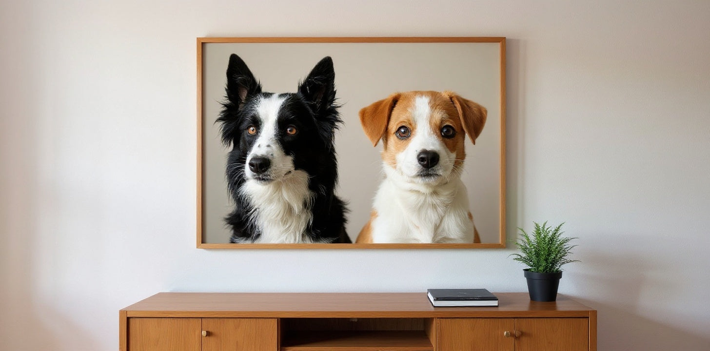 Toile portrait 2 animaux — deux chiens, cadre chêne dans un salon