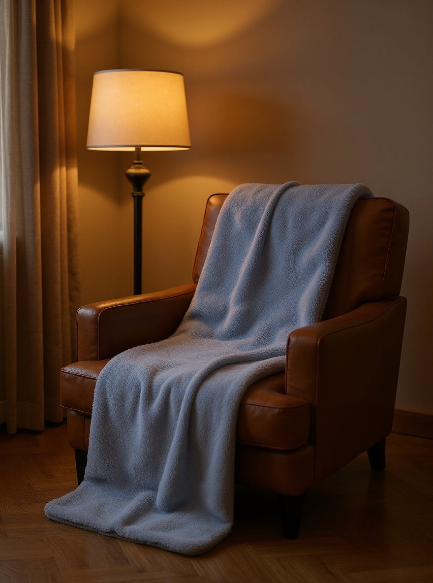 Plaid jeté sur fauteuil cuir — ambiance cosy