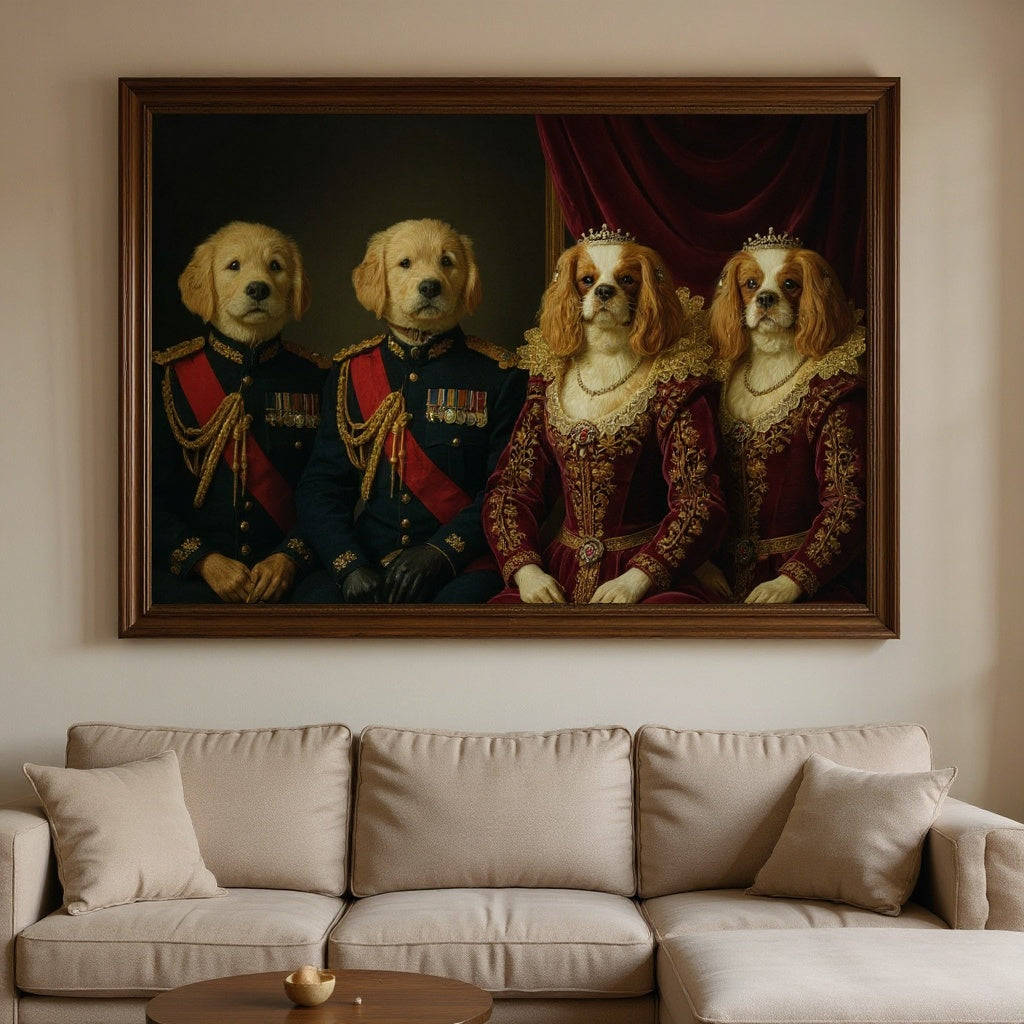 La Toile 4 Animaux — quatre chiens en tenue royale sur une même toile, dans un salon